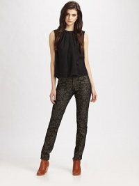 Your tried-and-true straight leg jeans in a statement-making jacquard print. THE FITFitted through the hips and thighsRise, about 9Inseam, about 32THE DETAILSButton frontZip flyFive-pocket style85% cotton/10% polyester/3% Lurex/2% elastaneMachine washMade in USA of Italian fabricModel shown is 5'9 (175cm) wearing US size 4. Your tried-and-true straight leg jeans in a statement-making jacquard print. THE FITFitted through the hips and thighsRise, about 9Inseam, about 32THE DETAILSButton frontZip flyFive-pocket style85% cotton/10% polyester/3% Lurex/2% elastaneMachine washMade in USA of Italian fabricModel shown is 5'9 (175cm) wearing US size 4.