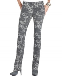 Earl Jeans' printed petite skinny denim features a charming print against a tough-girl grey wash! Earl Jeans' printed petite skinny denim features a charming print against a tough-girl grey wash!