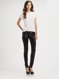 Textured, high-shine finish gives these leggings-style skinnies a leather-like look. THE FITRise, about 7Inseam, about 31Leg opening, about 10½THE DETAILSButton closureZip flyFive-pocket styleSupima cotton/cotton/modal/polyurethaneMachine washMade in USA of imported fabricModel shown is 5'11 (178cm) wearing US size 4. Textured, high-shine finish gives these leggings-style skinnies a leather-like look. THE FITRise, about 7Inseam, about 31Leg opening, about 10½THE DETAILSButton closureZip flyFive-pocket styleSupima cotton/cotton/modal/polyurethaneMachine washMade in USA of imported fabricModel shown is 5'11 (178cm) wearing US size 4.