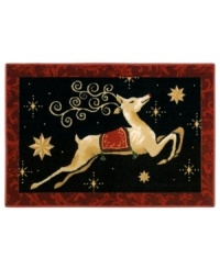 Wondering eyes will appreciate this beautifully whimsical Shaw rug season after season! A beloved symbol of the holidays, this graceful reindeer leaps into the night sky, surrounding by twinkling stars and an elegant wine-hued border. Constructed of recyclable nylon, the rug adds a wonderful look to your decor without the extra impact on mother nature. Wondering eyes will appreciate this beautifully whimsical Shaw rug season after season! A beloved symbol of the holidays, this graceful reindeer leaps into the night sky, surrounding by twinkling stars and an elegant wine-hued border. Constructed of recyclable nylon, the rug adds a wonderful look to your decor without the extra impact on mother nature.