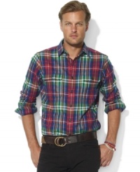 Rustic meets refined in this trim-fitting sport shirt, rendered in soft plaid cotton with Ralph Lauren's iconic pony accenting the left chest. Rustic meets refined in this trim-fitting sport shirt, rendered in soft plaid cotton with Ralph Lauren's iconic pony accenting the left chest.