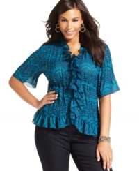 Frill up your casual wear with NY Collection's short sleeve plus size blouse, accented by ruffled trim.