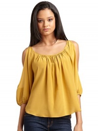 THE LOOKOpen shoulder cutoutsDraped three-quarter length sleeves with elastic gathered cuffsGentle drapingTHE FITAbout 23 from shoulder hemTHE MATERIALSilkCARE & ORIGINDry cleanMade in USAModel shown is 5'10 (177cm) wearing US size Small. THE LOOKOpen shoulder cutoutsDraped three-quarter length sleeves with elastic gathered cuffsGentle drapingTHE FITAbout 23 from shoulder hemTHE MATERIALSilkCARE & ORIGINDry cleanMade in USAModel shown is 5'10 (177cm) wearing US size Small.