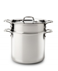 Perfect for steaming shellfish, blanching veggies and whipping up your favorite pastas, this spacious stock pot is designed with a colander insert for easy lifting and draining. A triple-bonded construction, induction-ready exterior and aluminum core distribute heat evenly and produce perfect results. Lifetime warranty. Perfect for steaming shellfish, blanching veggies and whipping up your favorite pastas, this spacious stock pot is designed with a colander insert for easy lifting and draining. A triple-bonded construction, induction-ready exterior and aluminum core distribute heat evenly and produce perfect results. Lifetime warranty.
