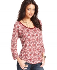 A beaded and textured neckline adds pop to this Lucky Brand Jeans top -- perfectly paired with your fave denim! A beaded and textured neckline adds pop to this Lucky Brand Jeans top -- perfectly paired with your fave denim!
