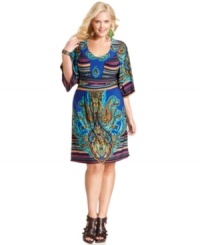 Get spotted this season in One World's three-quarter-sleeve plus size dress, showcasing a mixed print! Get spotted this season in One World's three-quarter-sleeve plus size dress, showcasing a mixed print!