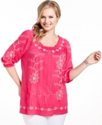 Snag chic casual style with NY Collection's three-quarter-sleeve plus size peasant top, beautifully accented by embroidery. Snag chic casual style with NY Collection's three-quarter-sleeve plus size peasant top, beautifully accented by embroidery.