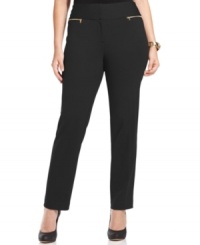 Snag sleek career style with Alfani's skinny leg plus size pants, accented by zip pockets. Snag sleek career style with Alfani's skinny leg plus size pants, accented by zip pockets.