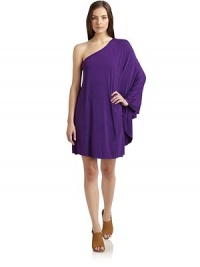 THE LOOKAsymmetrical necklineDraped single angel sleeveMini-dressPullover styleTHE FITAbout 33 from shoulder to hemTHE MATERIAL96% micromodal/4% Lycra spandexCARE & ORIGINHand washMade in USAModel shown is 5'10 (177cm) wearing US size Small. THE LOOKAsymmetrical necklineDraped single angel sleeveMini-dressPullover styleTHE FITAbout 33 from shoulder to hemTHE MATERIAL96% micromodal/4% Lycra spandexCARE & ORIGINHand washMade in USAModel shown is 5'10 (177cm) wearing US size Small.