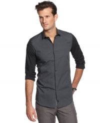 You've hit the weights now get dressed for dates with this slim-fitting colorblocked shirt from Calvin Klein. (Clearance) You've hit the weights now get dressed for dates with this slim-fitting colorblocked shirt from Calvin Klein. (Clearance)