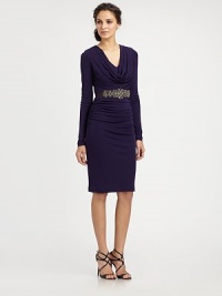 A prettily jeweled grosgrain belt dresses up this ruched jersey design.Cowl necklineJeweled grosgrain waist sashLong sleevesSide ruchingConcealed back zipFully linedAbout 27 from natural waistViscoseSpot cleanImportedModel shown is 5'11 (180cm) wearing US size 4. A prettily jeweled grosgrain belt dresses up this ruched jersey design.Cowl necklineJeweled grosgrain waist sashLong sleevesSide ruchingConcealed back zipFully linedAbout 27 from natural waistViscoseSpot cleanImportedModel shown is 5'11 (180cm) wearing US size 4.