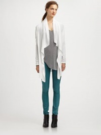 From the HELMUT capsule collection. Whisper-weight jersey cardigan with a draped front pairs perfectly with your favorite colored skinnies. Open draped frontLong sleevesRuched cuffsAbout 34 from shoulder to hem80% modal/20% nylonDry cleanMade in CanadaModel shown is 5'9 (176cm) wearing US size Small. From the HELMUT capsule collection. Whisper-weight jersey cardigan with a draped front pairs perfectly with your favorite colored skinnies. Open draped frontLong sleevesRuched cuffsAbout 34 from shoulder to hem80% modal/20% nylonDry cleanMade in CanadaModel shown is 5'9 (176cm) wearing US size Small.