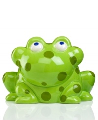 Just waiting to be fed, the Pitter Patter frog bank from Gorham sets his gaze on approaching nickels and dimes. Big spots in shades of green give it tons of personality that's fun for kids' rooms. Just waiting to be fed, the Pitter Patter frog bank from Gorham sets his gaze on approaching nickels and dimes. Big spots in shades of green give it tons of personality that's fun for kids' rooms.
