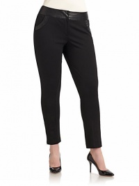 THE LOOKLeather trim at waistZip flyHook-and-bar and button closureFront scoop pockets with leather-and-beaded trimZippered hemTHE FITRise, about 10Inseam, about 28½Unfinished hemsTHE MATERIAL72% viscose/24% nylon/4% elastaneCARE & ORIGINDry clean by leather specialistImported THE LOOKLeather trim at waistZip flyHook-and-bar and button closureFront scoop pockets with leather-and-beaded trimZippered hemTHE FITRise, about 10Inseam, about 28½Unfinished hemsTHE MATERIAL72% viscose/24% nylon/4% elastaneCARE & ORIGINDry clean by leather specialistImported