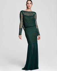 Tadashi Shoji lends a modern touch to timeless lace with an allover striped pattern. A rich, earthy green hue feels of-the-moment. Tadashi Shoji lends a modern touch to timeless lace with an allover striped pattern. A rich, earthy green hue feels of-the-moment.
