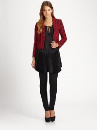 An intricate graphic print in rich crimson hues adds intense drama to this seasonal staple. Extended notched lapelLong sleeves with button cuffsFront welt pocketsHook-and-eye closureCropped back hemAbout 19 from shoulder to hemBody: chenille/viscose/polyester/acrylicTrim: polyester/spandexDry cleanMade in USASIZE & FIT Model shown is 5'10 (178cm) wearing a US size Small. An intricate graphic print in rich crimson hues adds intense drama to this seasonal staple. Extended notched lapelLong sleeves with button cuffsFront welt pocketsHook-and-eye closureCropped back hemAbout 19 from shoulder to hemBody: chenille/viscose/polyester/acrylicTrim: polyester/spandexDry cleanMade in USASIZE & FIT Model shown is 5'10 (178cm) wearing a US size Small.