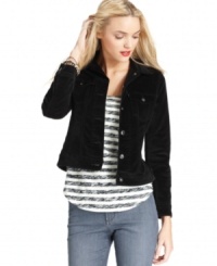 Levi's denim jacket is revamped in soft velvet for a luxe feel. Pair it with a striped tee and jeans for an ultra-chic look. Levi's denim jacket is revamped in soft velvet for a luxe feel. Pair it with a striped tee and jeans for an ultra-chic look.