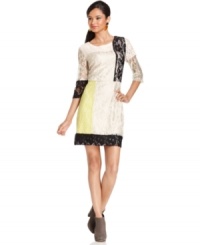 Lace colorblocking adds a graphic dimension to the delicate fabric for a Bar III Front Row shift dress with modern appeal! Lace colorblocking adds a graphic dimension to the delicate fabric for a Bar III Front Row shift dress with modern appeal!