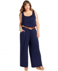 Leap onto one of the season's hottest trends with L8ter's racerback plus size jumpsuit-- it's a must-have! Leap onto one of the season's hottest trends with L8ter's racerback plus size jumpsuit-- it's a must-have!