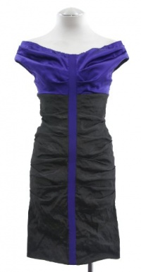Nicole Miller Purple/Black Silk Blend Off Shoulder Pleated Dress 6 Nicole Miller Purple/Black Silk Blend Off Shoulder Pleated Dress 6