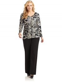 THE LOOKAllover abstract printRuched detailing, centerTHE FITAbout 26 from shoulder to hemTHE MATERIALViscose/spandexCARE & ORIGINDry cleanImported THE LOOKAllover abstract printRuched detailing, centerTHE FITAbout 26 from shoulder to hemTHE MATERIALViscose/spandexCARE & ORIGINDry cleanImported