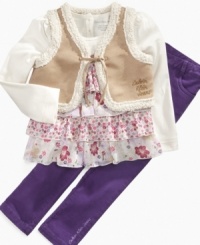 Flower child. She can show off her colorful side with this sherpa vest, flower shirt and jeans set from Calvin Klein Jeans. Flower child. She can show off her colorful side with this sherpa vest, flower shirt and jeans set from Calvin Klein Jeans.