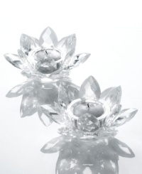 Fanciful crystal Lotus blossoms from Lighting by Desgin brighten with the soft glow of tapers or votive candles for truly beautiful, over-the-top shine. A fresh gift idea for brides-to-be! Fanciful crystal Lotus blossoms from Lighting by Desgin brighten with the soft glow of tapers or votive candles for truly beautiful, over-the-top shine. A fresh gift idea for brides-to-be!