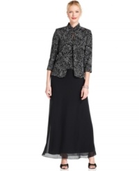 Alex Evenings' gown is set a-sparkle with a glittery floral-inspired pattern at the bodice and matching jacket. Alex Evenings' gown is set a-sparkle with a glittery floral-inspired pattern at the bodice and matching jacket.