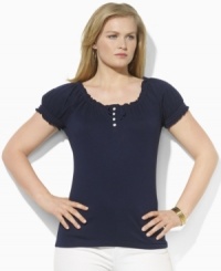 A bohemian smocked neckline and soft cotton jersey construction make this Lauren by Ralph Lauren's peasant plus size tee an essential for the season. A bohemian smocked neckline and soft cotton jersey construction make this Lauren by Ralph Lauren's peasant plus size tee an essential for the season.