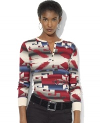 Lauren Ralph Lauren's classic cotton Henley is updated for the season with a bold Southwestern-inspired pattern. Lauren Ralph Lauren's classic cotton Henley is updated for the season with a bold Southwestern-inspired pattern.