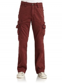 THE LOOKTopstitching detailsBanded waist with belt loopsFront zip with button tab closureSide seam pocketsSide flap cargo pockets with triangle detailBack logo patchBack snap flap pocketsTHE FITRise, about 11Inseam, about 31THE MATERIALCottonCARE & ORIGINMachine washImported THE LOOKTopstitching detailsBanded waist with belt loopsFront zip with button tab closureSide seam pocketsSide flap cargo pockets with triangle detailBack logo patchBack snap flap pocketsTHE FITRise, about 11Inseam, about 31THE MATERIALCottonCARE & ORIGINMachine washImported