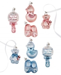 A thoughtful gift the whole family will cherish, baby's first Christmas ornament sets from Midwest feature an adorable duck, bear, rattle and booties in shiny pink or blue glass. A thoughtful gift the whole family will cherish, baby's first Christmas ornament sets from Midwest feature an adorable duck, bear, rattle and booties in shiny pink or blue glass.