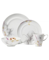 A natural at modern tables, the Aliza Gris place setting from Mikasa creates a serene landscape for casual dining. White porcelain with watercolor florals is sleek and elegant in form, but offers everyday durability. A natural at modern tables, the Aliza Gris place setting from Mikasa creates a serene landscape for casual dining. White porcelain with watercolor florals is sleek and elegant in form, but offers everyday durability.