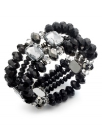 Crystal clear fashion with an edge, by Bar III. This stretch bracelet brings together jet black plastic beads with clear acrylic stones. Stretches to fit wrist. Crafted in hematite tone mixed metal. Approximate diameter: 2-1/2 inches. Crystal clear fashion with an edge, by Bar III. This stretch bracelet brings together jet black plastic beads with clear acrylic stones. Stretches to fit wrist. Crafted in hematite tone mixed metal. Approximate diameter: 2-1/2 inches.