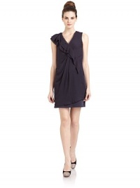 THE LOOKV-neckSleevelessRuffled detailFront silk overlayPleated and draped accentsBack zip closureTHE FITAbout 34 from shoulder to hemTHE MATERIALRayon/nylon/polyurethaneContrast: silkFully linedCARE & ORIGINDry cleanImportedModel shown is 5'10 (177cm) wearing US size 4. THE LOOKV-neckSleevelessRuffled detailFront silk overlayPleated and draped accentsBack zip closureTHE FITAbout 34 from shoulder to hemTHE MATERIALRayon/nylon/polyurethaneContrast: silkFully linedCARE & ORIGINDry cleanImportedModel shown is 5'10 (177cm) wearing US size 4.