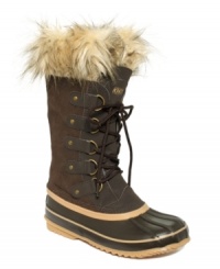Brave the weather in the Izzie cold weather boots by Khombu. They're waterproof with an insulated faux-fur liner and furry detailing at the top of the shaft. Brave the weather in the Izzie cold weather boots by Khombu. They're waterproof with an insulated faux-fur liner and furry detailing at the top of the shaft.