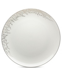 Fringed with shimmering leaves of platinum and mica, this bone china charger plate turns your table into a springtime utopia. Its sleek coupe shape is a vision of modern elegance in platinum-banded white. Fringed with shimmering leaves of platinum and mica, this bone china charger plate turns your table into a springtime utopia. Its sleek coupe shape is a vision of modern elegance in platinum-banded white.