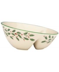 A perfect host for snacks or sides, this divided server is trimmed with green and a holly motif to match the beloved Lenox Holiday dinnerware collection. A perfect host for snacks or sides, this divided server is trimmed with green and a holly motif to match the beloved Lenox Holiday dinnerware collection.