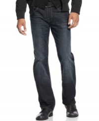 So long boring blues, these relaxed fit Marc Ecko Cut & Sew jeans boast a dark wash and stylish faux leather details. So long boring blues, these relaxed fit Marc Ecko Cut & Sew jeans boast a dark wash and stylish faux leather details.