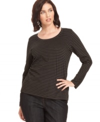Shine on this season with Charter Club's long sleeve plus size top, showcasing metallic stripes! Shine on this season with Charter Club's long sleeve plus size top, showcasing metallic stripes!