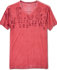 Show off your industrious style side with this graphic v-neck t-shirt from Marc Ecko Cut & Sew. Show off your industrious style side with this graphic v-neck t-shirt from Marc Ecko Cut & Sew.