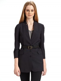THE LOOKNotched collar Three button front ¾ sleeves with five button cuffs Single welt pocket at chest Leather belt with buckle and belt loopsTHE FITAbout 28 from shoulder to hemTHE MATERIAL96% wool/4% Lycra spandex Fully linedCARE & ORIGINDry clean Imported THE LOOKNotched collar Three button front ¾ sleeves with five button cuffs Single welt pocket at chest Leather belt with buckle and belt loopsTHE FITAbout 28 from shoulder to hemTHE MATERIAL96% wool/4% Lycra spandex Fully linedCARE & ORIGINDry clean Imported