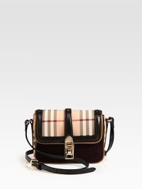 An iconic, haymarket check print on coated canvas accented with smooth leather trim and soft suede.Adjustable leather shoulder strap, 20-23 dropTurnlock flap closureFive credit card slotsFully lined6½W X 5H X 2DImported An iconic, haymarket check print on coated canvas accented with smooth leather trim and soft suede.Adjustable leather shoulder strap, 20-23 dropTurnlock flap closureFive credit card slotsFully lined6½W X 5H X 2DImported