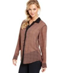 A fall must-have, the chiffon blouse gets updated with zigzag stripes on this sheer Bar III version -- perfectly paired with all the season's skinny jeans! A fall must-have, the chiffon blouse gets updated with zigzag stripes on this sheer Bar III version -- perfectly paired with all the season's skinny jeans!