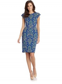 THE LOOKAllover baroque printPadded shouldersPleated cap sleevesBack zip with hook-and-eye closureTHE FITAbout 36 from shoulder to hemTHE MATERIAL84% viscose/11% nylon/5% elastaneFully linedCARE & ORIGINDry cleanMade in ItalyModel shown is 5'10 (177cm) wearing US size 4. THE LOOKAllover baroque printPadded shouldersPleated cap sleevesBack zip with hook-and-eye closureTHE FITAbout 36 from shoulder to hemTHE MATERIAL84% viscose/11% nylon/5% elastaneFully linedCARE & ORIGINDry cleanMade in ItalyModel shown is 5'10 (177cm) wearing US size 4.