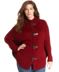 Buckle up this season with Jones New York Signature's plus size sweater, featuring poncho styling. Buckle up this season with Jones New York Signature's plus size sweater, featuring poncho styling.