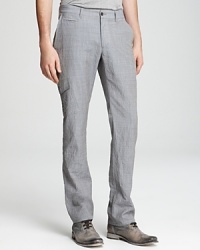 Structured for a lean silhouette, this slim fit pant elevates a v-neck tee and adds an edge to your blazer-and-button-down ensemble. Structured for a lean silhouette, this slim fit pant elevates a v-neck tee and adds an edge to your blazer-and-button-down ensemble.