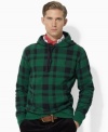 A classic plaid pattern lends an outdoorsy feel to a relaxed-fitting hoodie crafted from a luxe cotton blend.