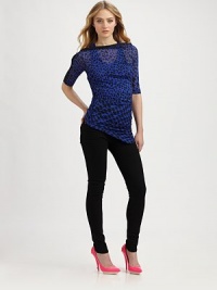 Bold animal-print pairs with houndstooth in this asymmetrical chiffon topper, ruched from bust to hem.Boatneck with zipper trimThree-quarter sleevesAsymmetrical hemRacerback tank attached as liningAbout 35 from shoulder to hemPolyesterDry cleanImportedModel shown is 5'9 (175cm) wearing US size 4. Bold animal-print pairs with houndstooth in this asymmetrical chiffon topper, ruched from bust to hem.Boatneck with zipper trimThree-quarter sleevesAsymmetrical hemRacerback tank attached as liningAbout 35 from shoulder to hemPolyesterDry cleanImportedModel shown is 5'9 (175cm) wearing US size 4.