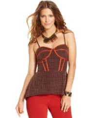 Piped trim and a bustier style adds a sultry appeal to this Bar III houndstooth tank -- perfect for a hot night out! (Clearance) Piped trim and a bustier style adds a sultry appeal to this Bar III houndstooth tank -- perfect for a hot night out! (Clearance)